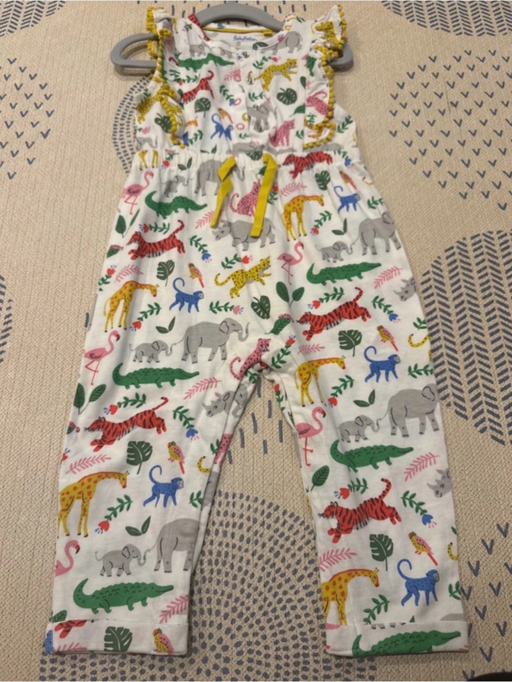 Baby Boden White Jungle Animal Print Romper with Yellow Drawstring